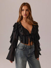 SXY Holiday Costume Party Gathering Black Mesh See-Through Lotus Leaf Strap Deep V Neck Women Sexy Long Sleeve Shirt